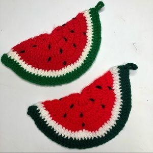VTG 80’s Knitted Potholders 2, Watermelon Design Wall Hook Summer Kitchen Decor
